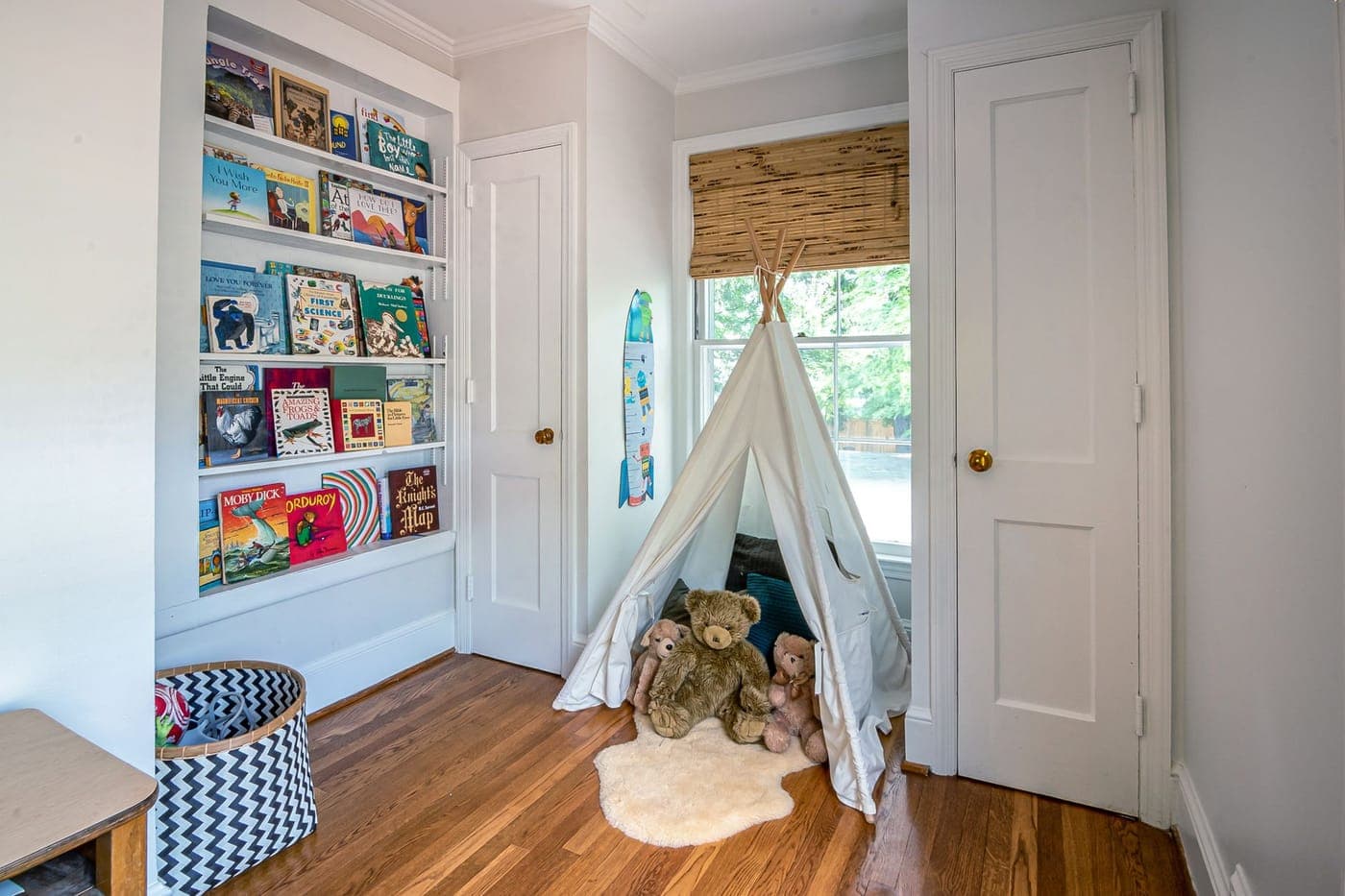 A nursery shelf with children's books