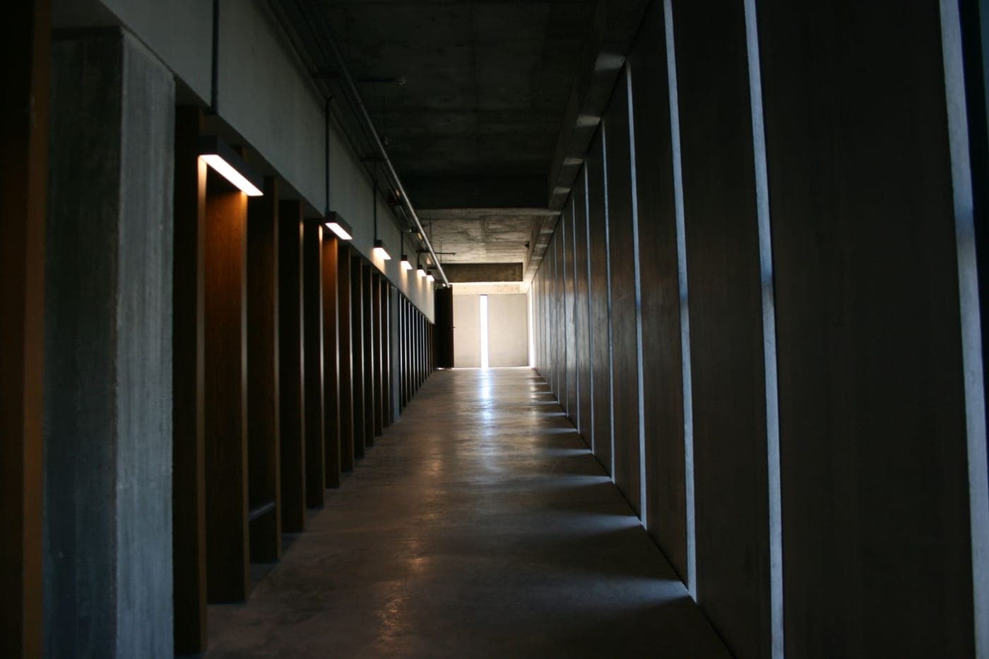 A dark corridor of library shelves