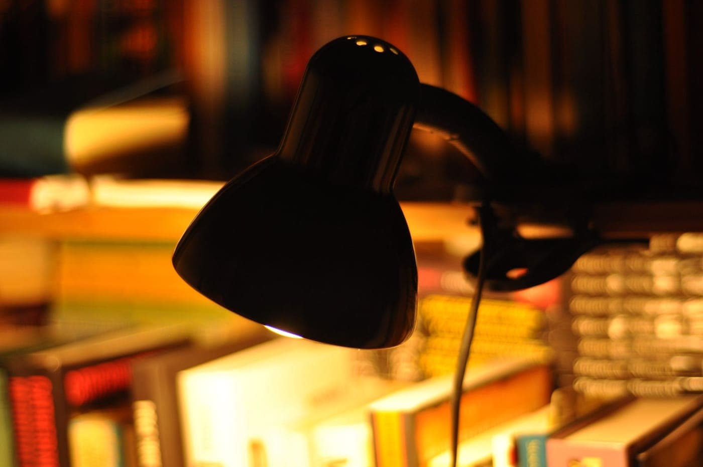 A lamp lighting a corner of a room at night